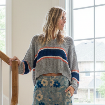 POL Oversized Boxy Cable Loose Kit Crop Top Striped Lightweight V-neck Pullover Shirt Gray