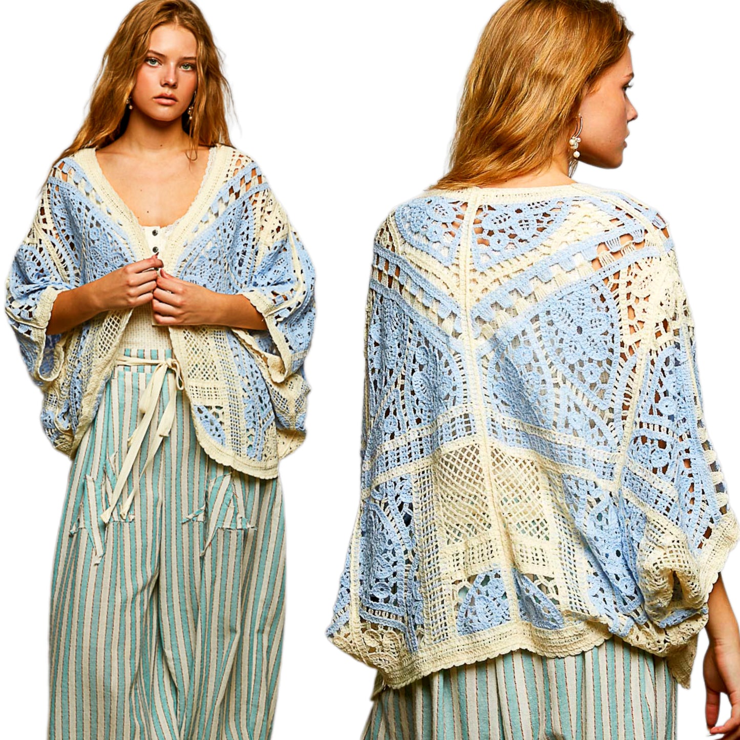 POL Crochet Cardigan Patchwork Open Front Scalloped Edge Batwing Sleeves Blue