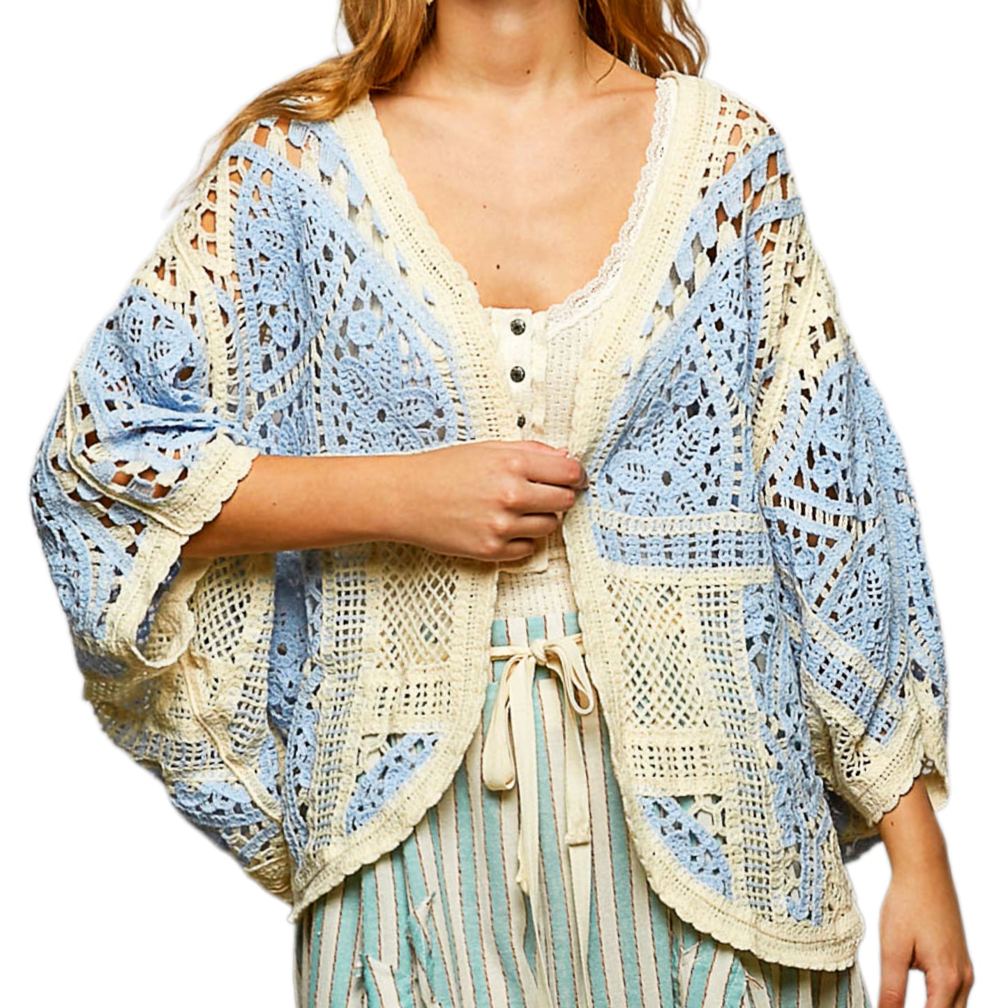 POL Crochet Cardigan Patchwork Open Front Scalloped Edge Batwing Sleeves Blue