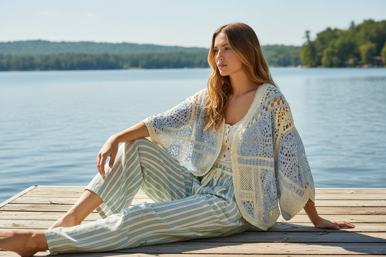 POL Crochet Cardigan Patchwork Open Front Scalloped Edge Batwing Sleeves Blue