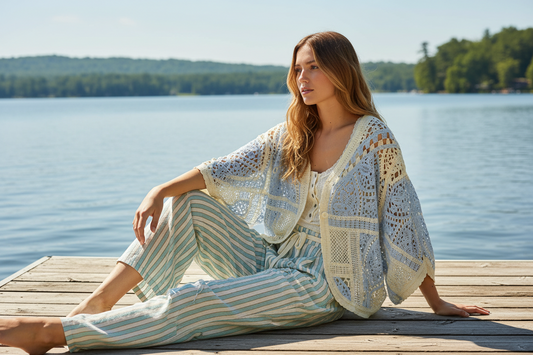 POL Crochet Cardigan Patchwork Open Front Scalloped Edge Batwing Sleeves Blue