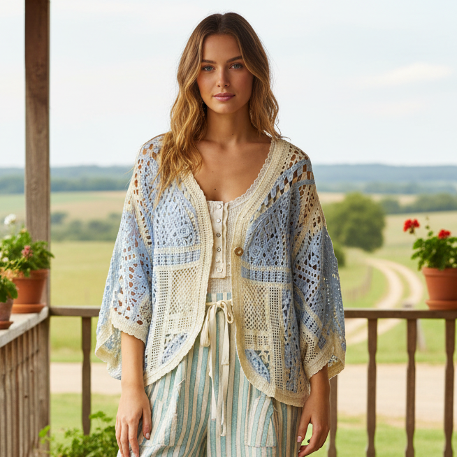 POL Crochet Cardigan Patchwork Open Front Scalloped Edge Batwing Sleeves Blue