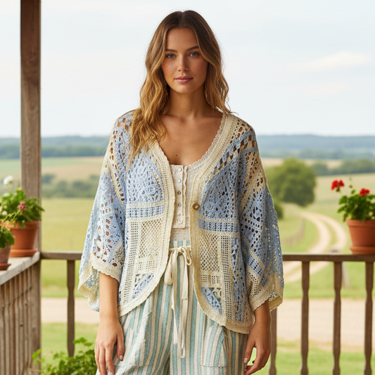 POL Crochet Cardigan Patchwork Open Front Scalloped Edge Batwing Sleeves Blue