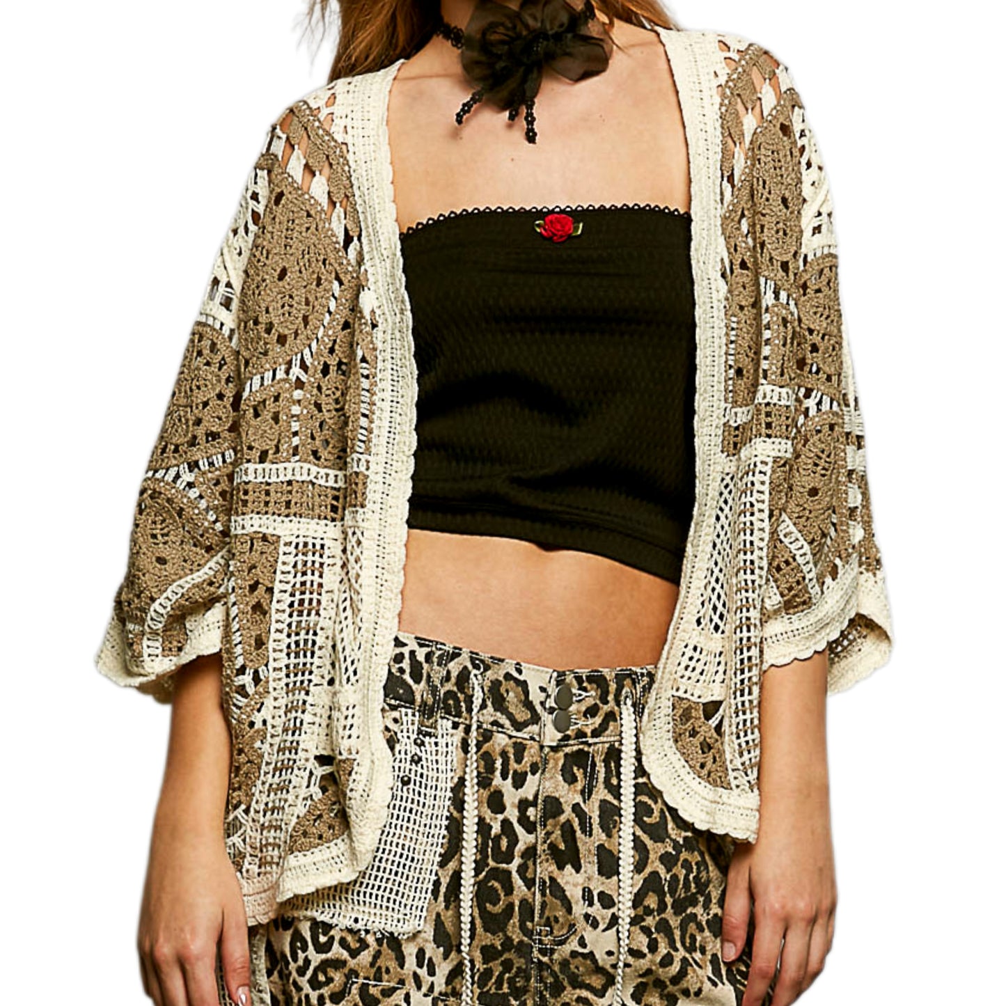 POL Crochet Cardigan Patchwork Open Front Scalloped Edge Batwing Sleeves Moca Brown