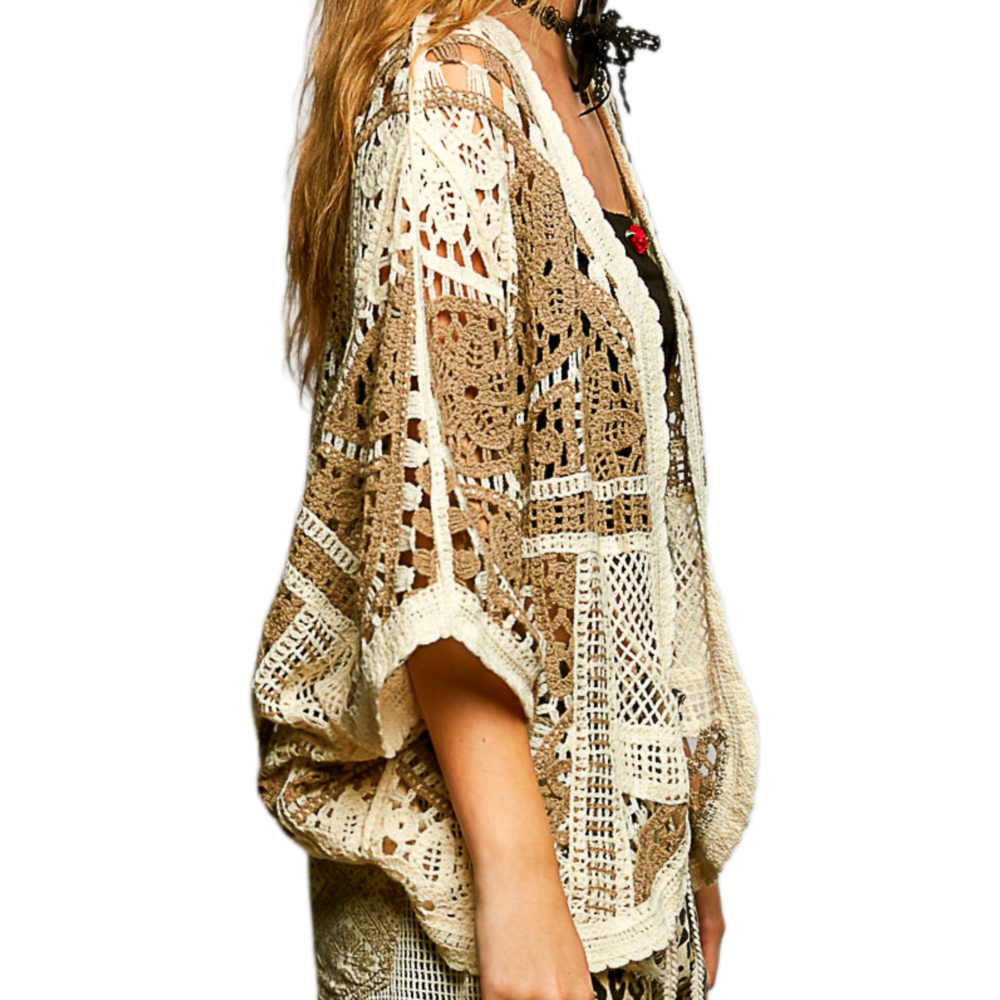 POL Crochet Cardigan Patchwork Open Front Scalloped Edge Batwing Sleeves Moca Brown