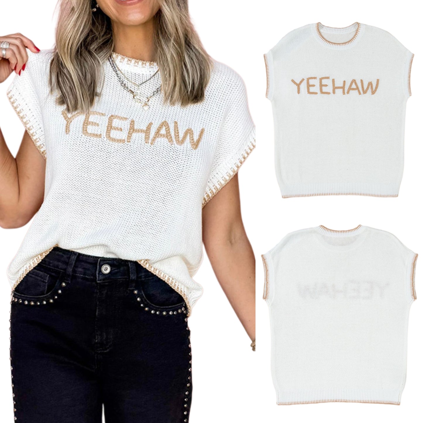 YEEHAW Contrast Stitching Crew Neck Lightweight Knit Top County Western Sleeves