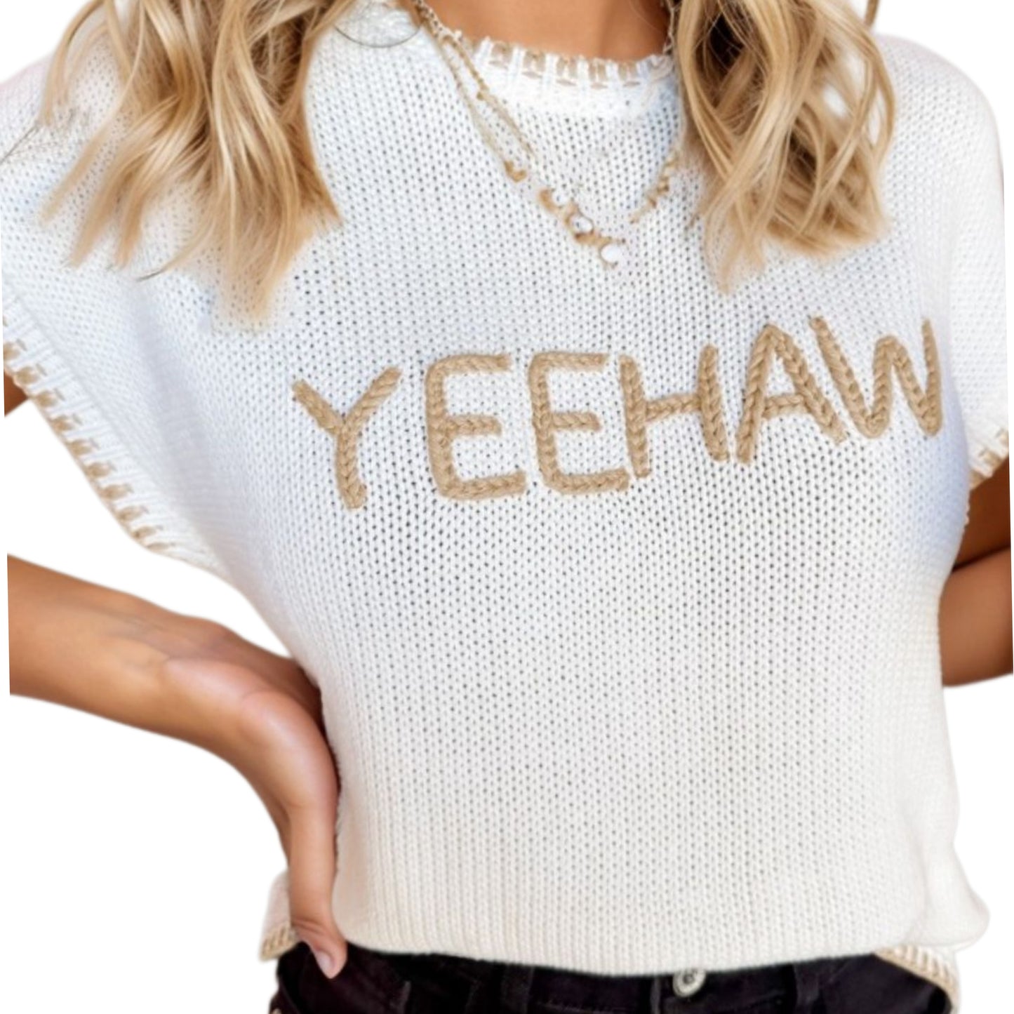 YEEHAW Contrast Stitching Crew Neck Lightweight Knit Top County Western Sleeves
