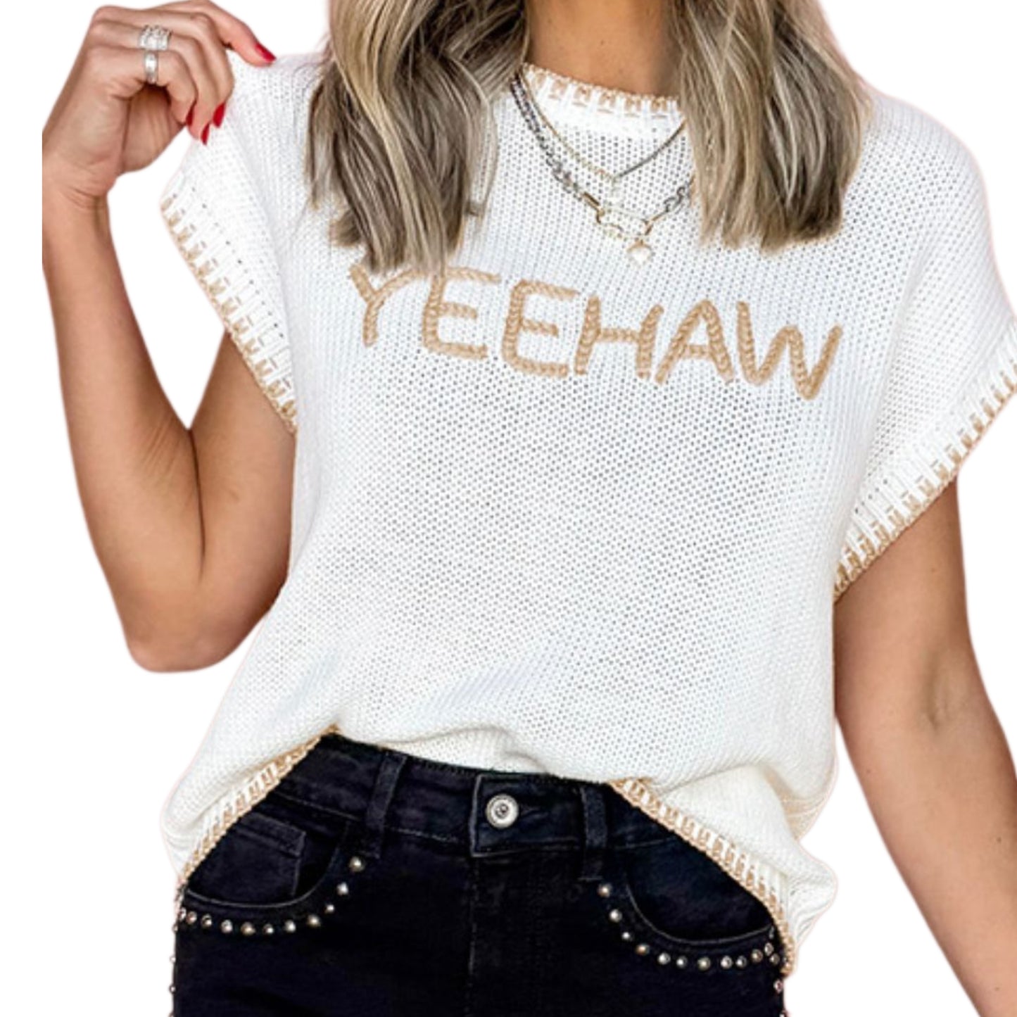 YEEHAW Contrast Stitching Crew Neck Lightweight Knit Top County Western Sleeves