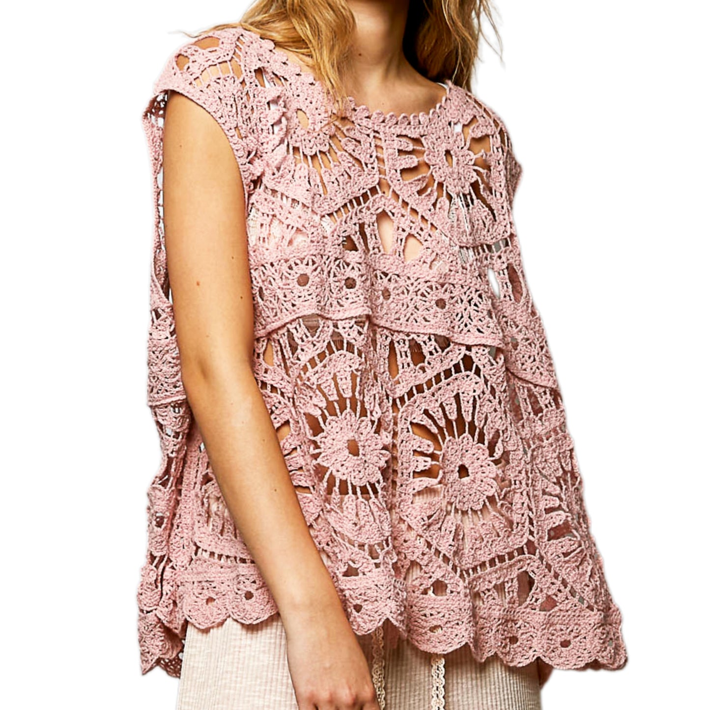 POL Openwork Floral Crochet Sleeveless Tank Scalloped Round Neck Oversized Shirt Rose Pink