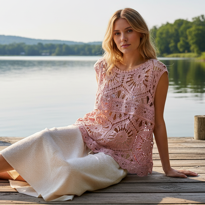 POL Openwork Floral Crochet Sleeveless Tank Scalloped Round Neck Oversized Shirt Rose Pink