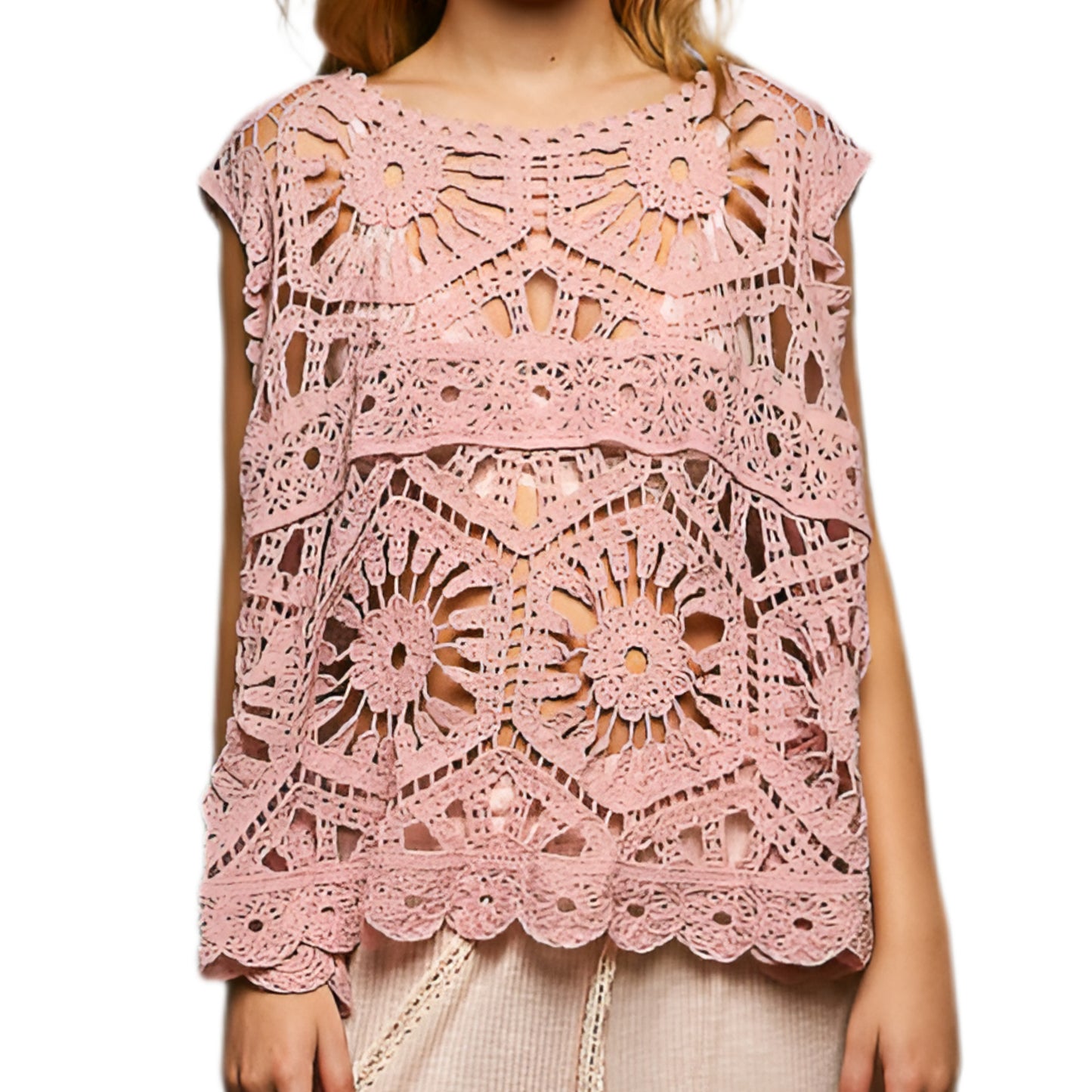 POL Openwork Floral Crochet Sleeveless Tank Scalloped Round Neck Oversized Shirt Rose Pink