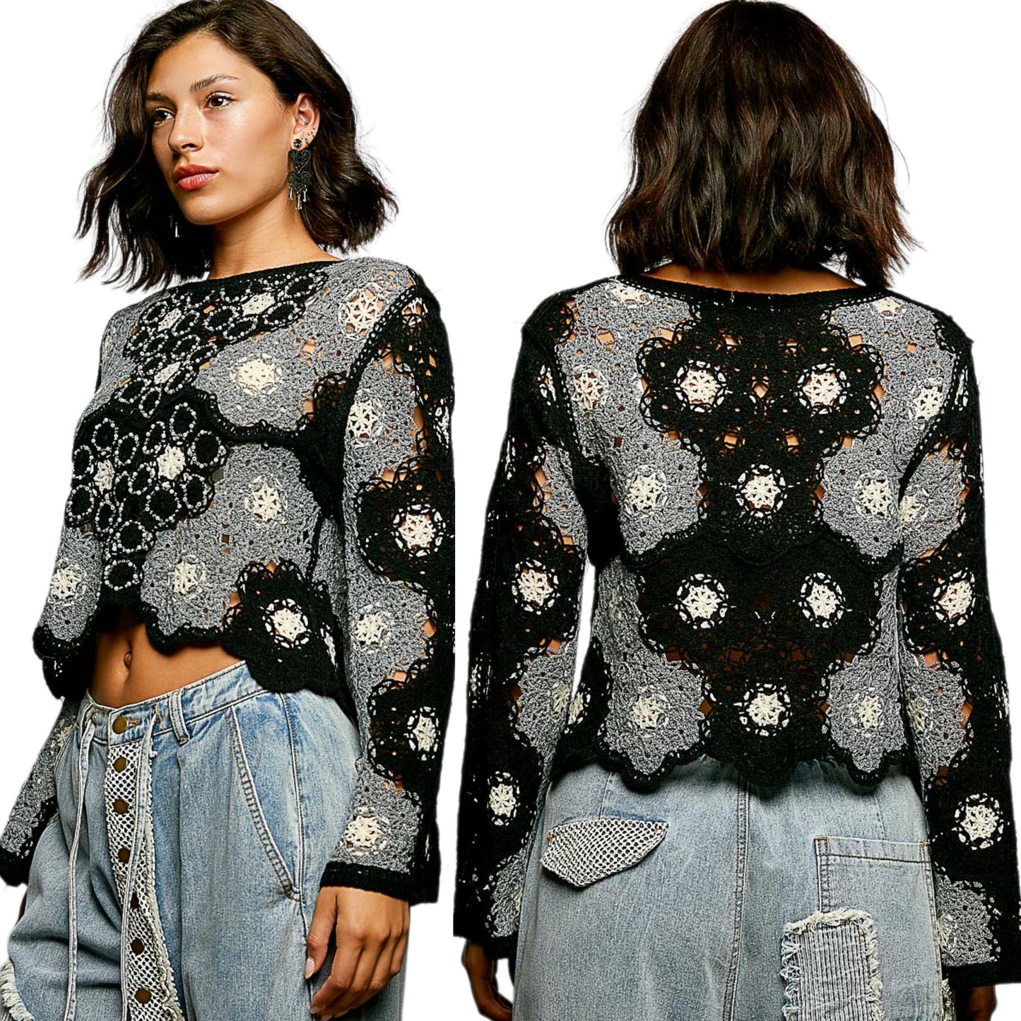POL Beaded Honeycomb Crochet Floral Weave Crop Top Retro 70s Revival Bell Sleeve