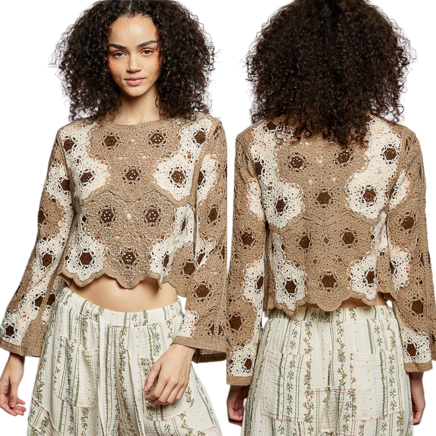 POL Beaded Honeycomb Crochet Floral Weave Crop Top Retro 70s Revival Bell Sleeve Mocha Brown