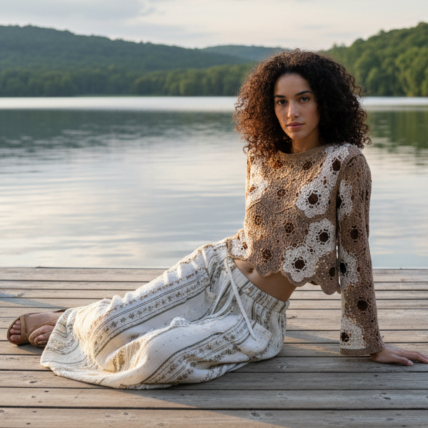 POL Beaded Honeycomb Crochet Floral Weave Crop Top Retro 70s Revival Bell Sleeve Mocha Brown