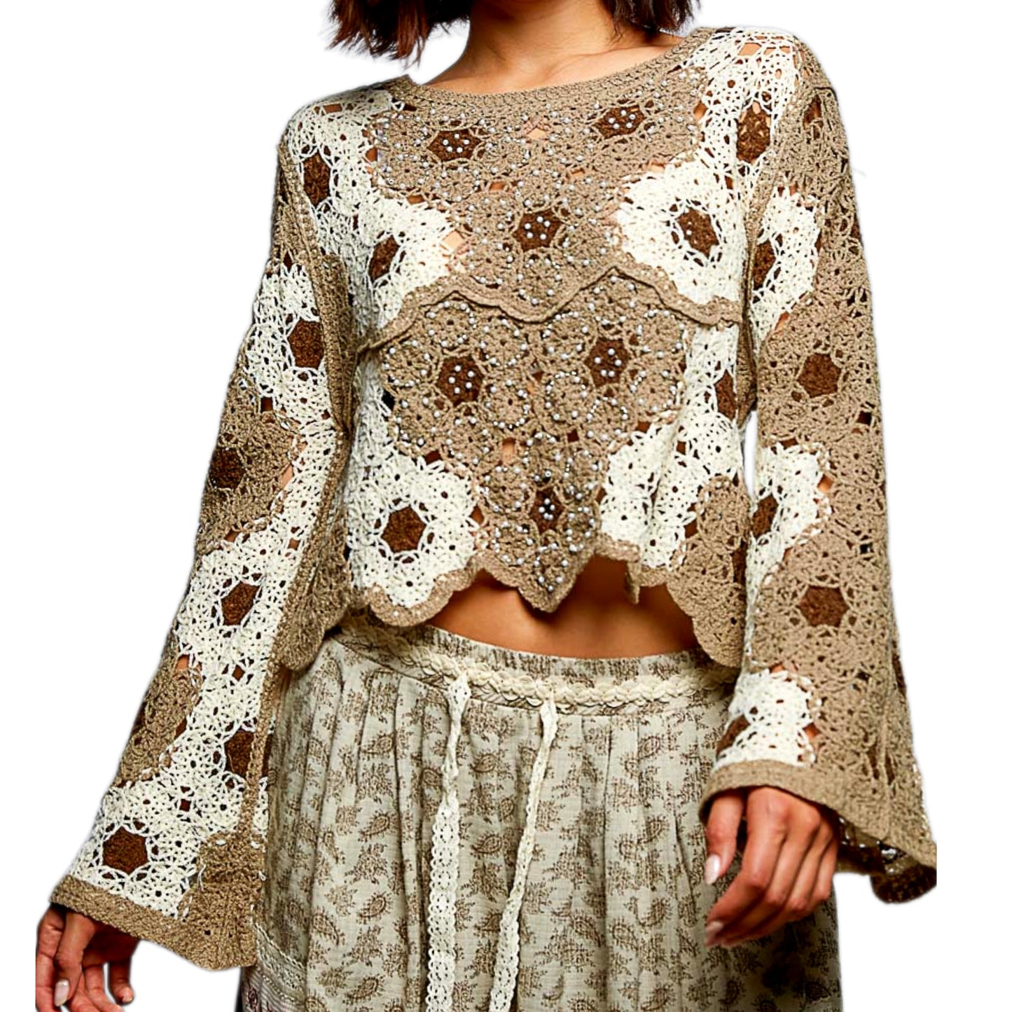 POL Beaded Honeycomb Crochet Floral Weave Crop Top Retro 70s Revival Bell Sleeve Mocha Brown