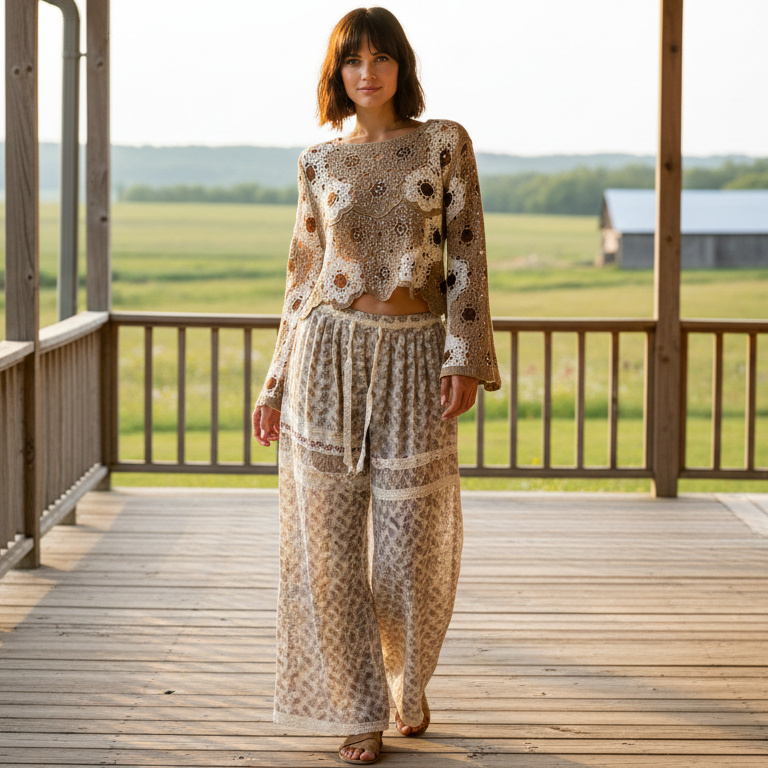 POL Beaded Honeycomb Crochet Floral Weave Crop Top Retro 70s Revival Bell Sleeve Mocha Brown