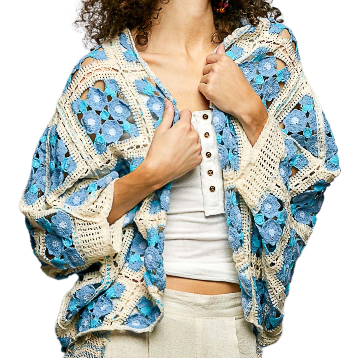 POL Floral Patchwork Openwork Crochet Cardigan Open Front Contrasting Granny Sweater