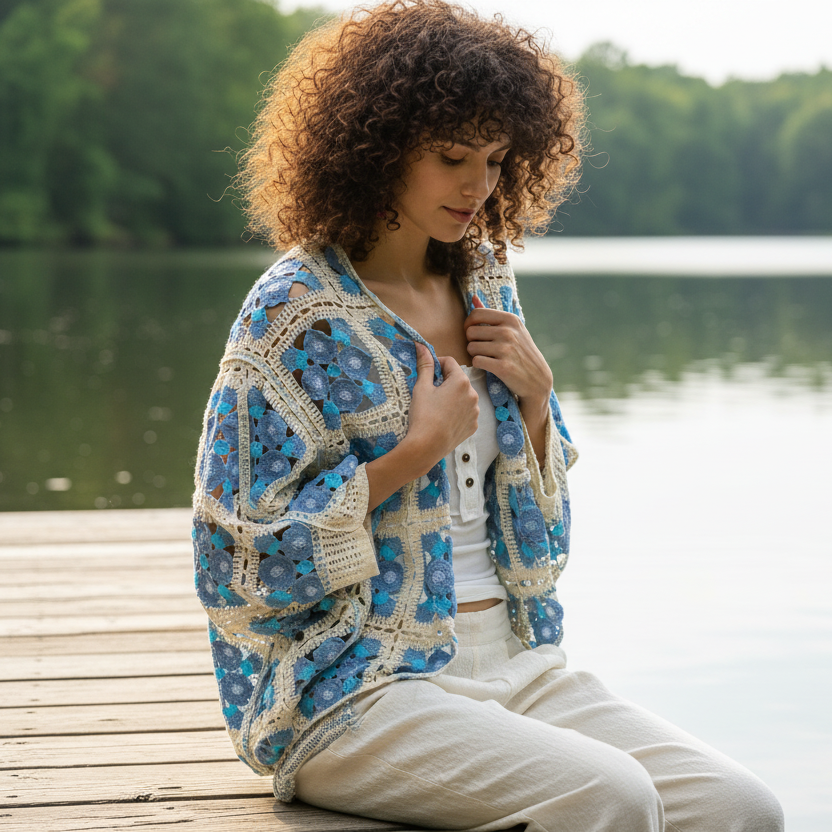 POL Floral Patchwork Openwork Crochet Cardigan Open Front Contrasting Granny Sweater