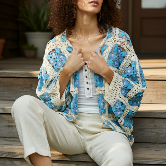 POL Floral Patchwork Openwork Crochet Cardigan Open Front Contrasting Granny Sweater