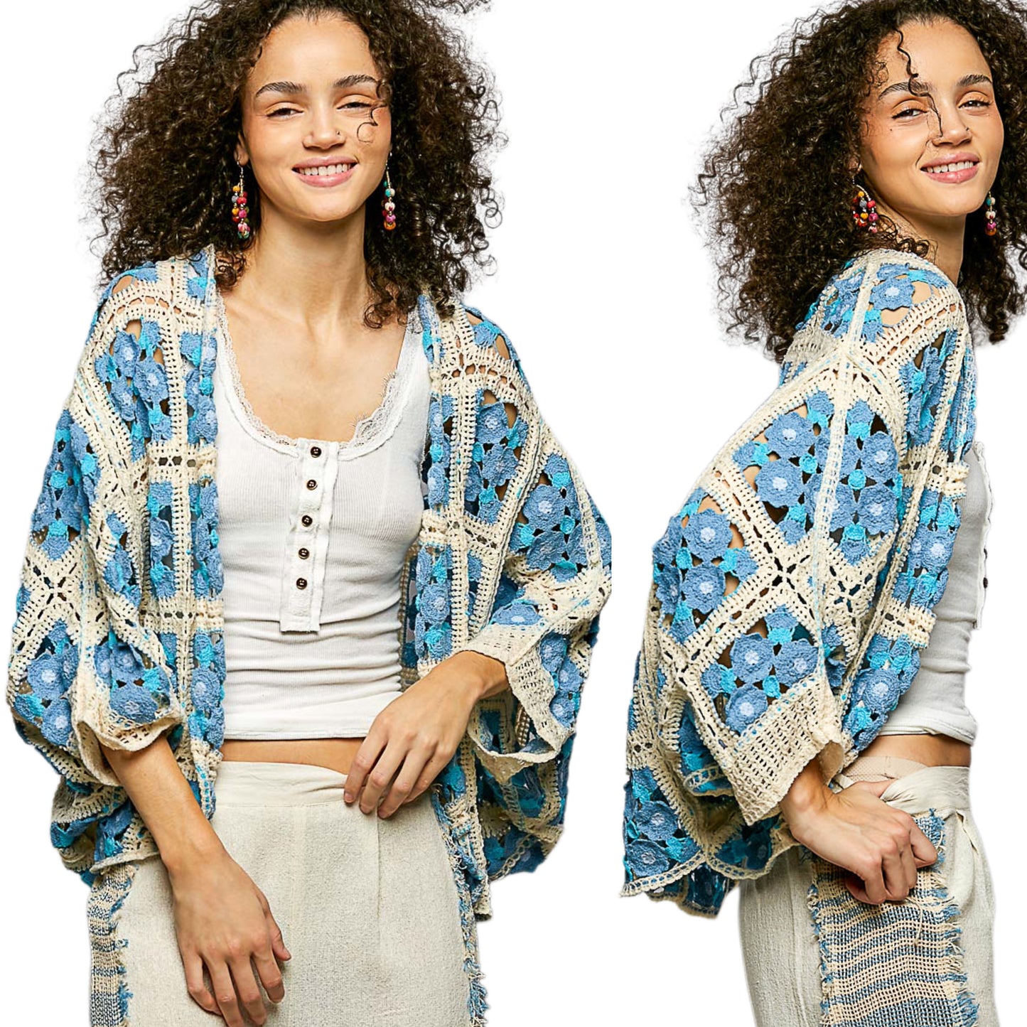 POL Floral Patchwork Openwork Crochet Cardigan Open Front Contrasting Granny Sweater