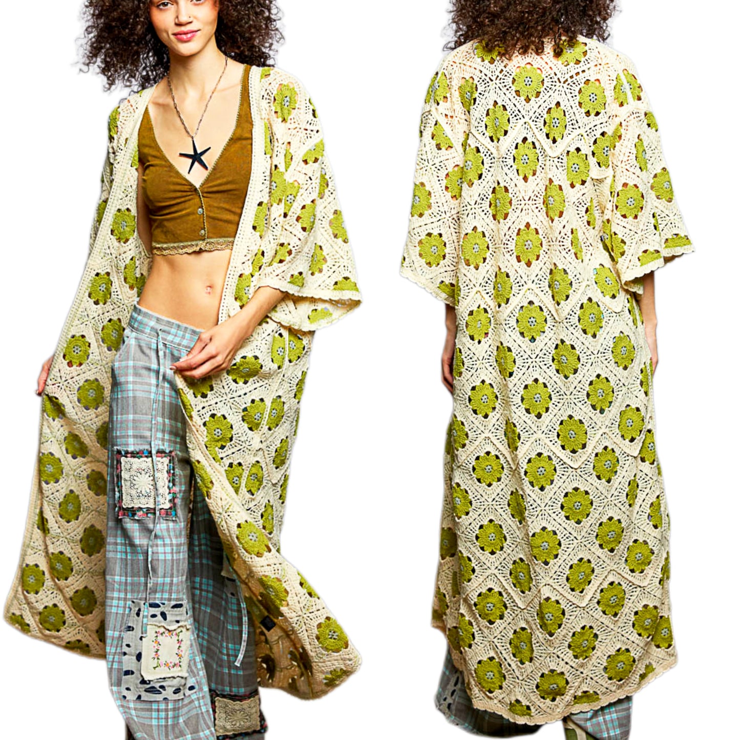 POL Patchwork Openwork Crochet Longline Cardigan Open Front Contrast Duster