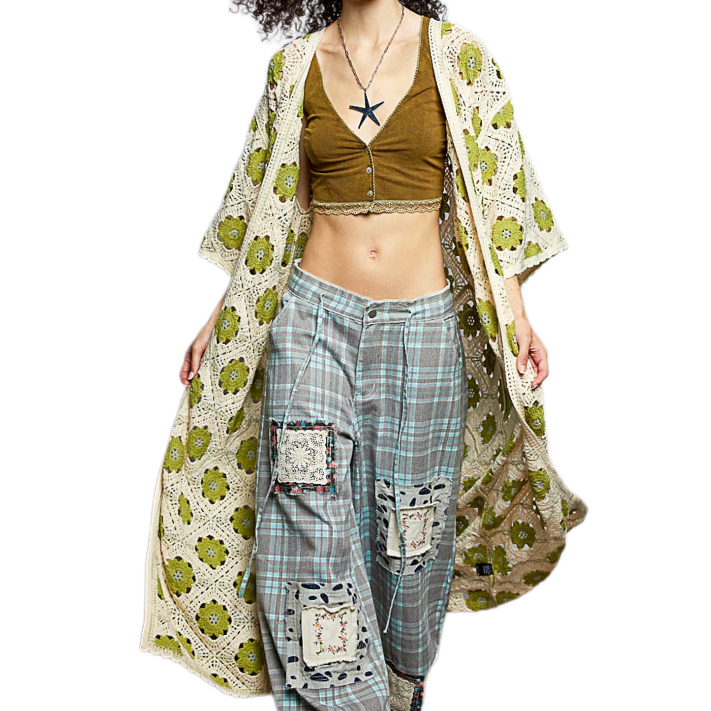 POL Patchwork Openwork Crochet Longline Cardigan Open Front Contrast Duster