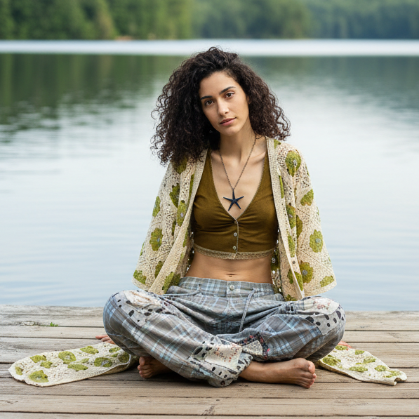 POL Patchwork Openwork Crochet Longline Cardigan Open Front Contrast Duster