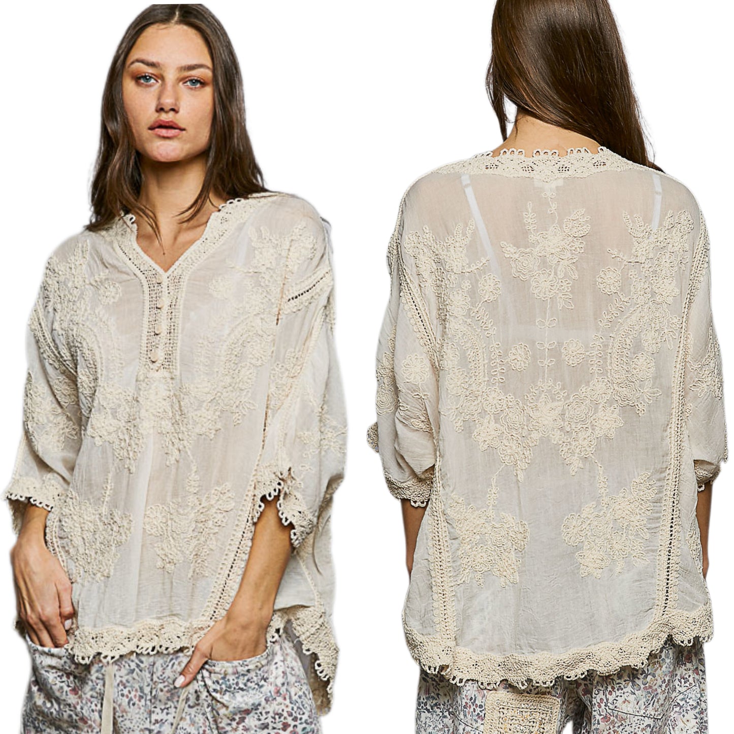 POL Floral Embroidered Lace Blouse Button Henley Top 3/4 Sleeve Lightweight Cotton Shirt