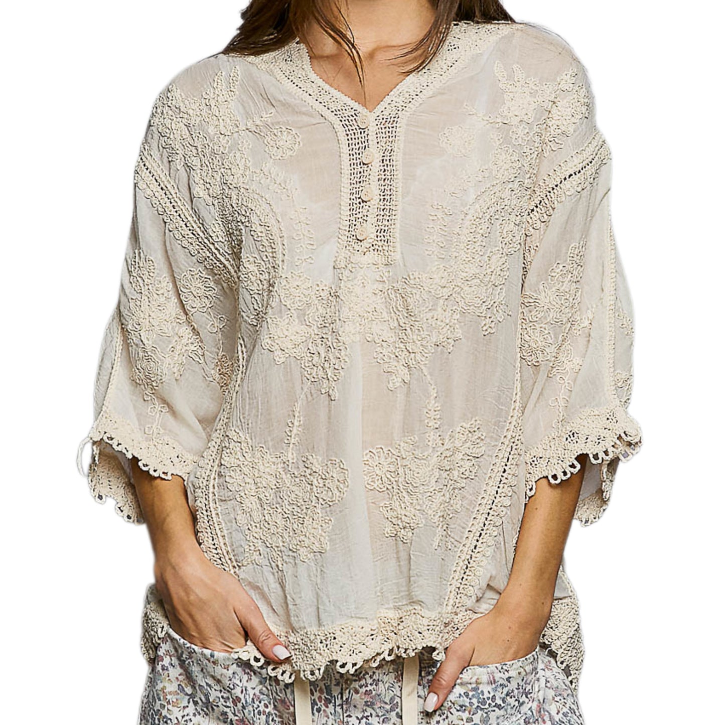 POL Floral Embroidered Lace Blouse Button Henley Top 3/4 Sleeve Lightweight Cotton Shirt