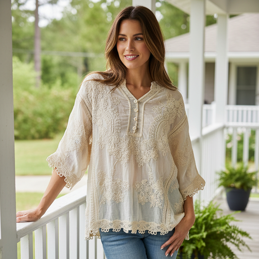 POL Floral Embroidered Lace Blouse Button Henley Top 3/4 Sleeve Lightweight Cotton Shirt
