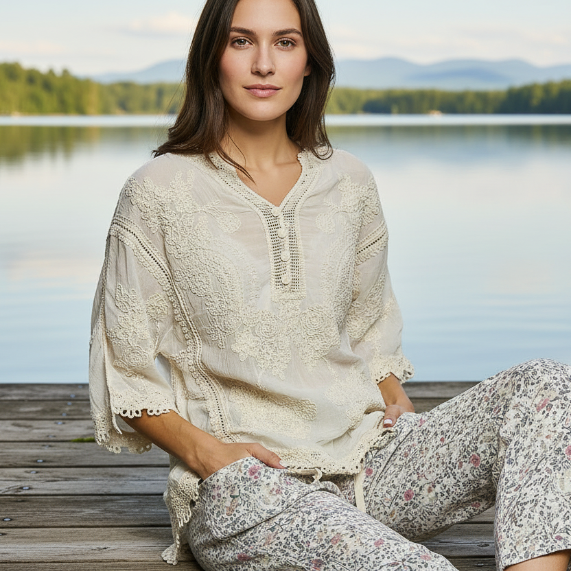 POL Floral Embroidered Lace Blouse Button Henley Top 3/4 Sleeve Lightweight Cotton Shirt