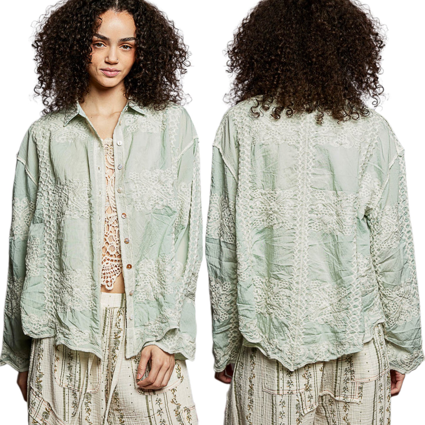 POL Embroidered Floral Collared Shirt Button Down Long Sleeve Top Lightweight Blouse Mint Green