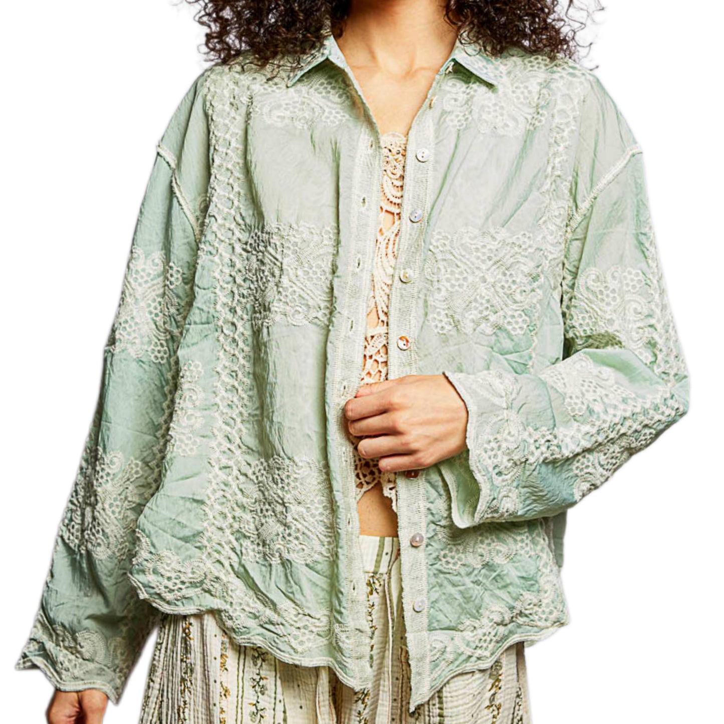 POL Embroidered Floral Collared Shirt Button Down Long Sleeve Top Lightweight Blouse Mint Green
