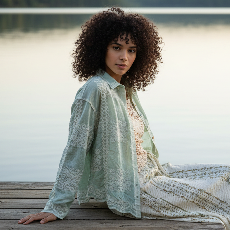 POL Embroidered Floral Collared Shirt Button Down Long Sleeve Top Lightweight Blouse Mint Green