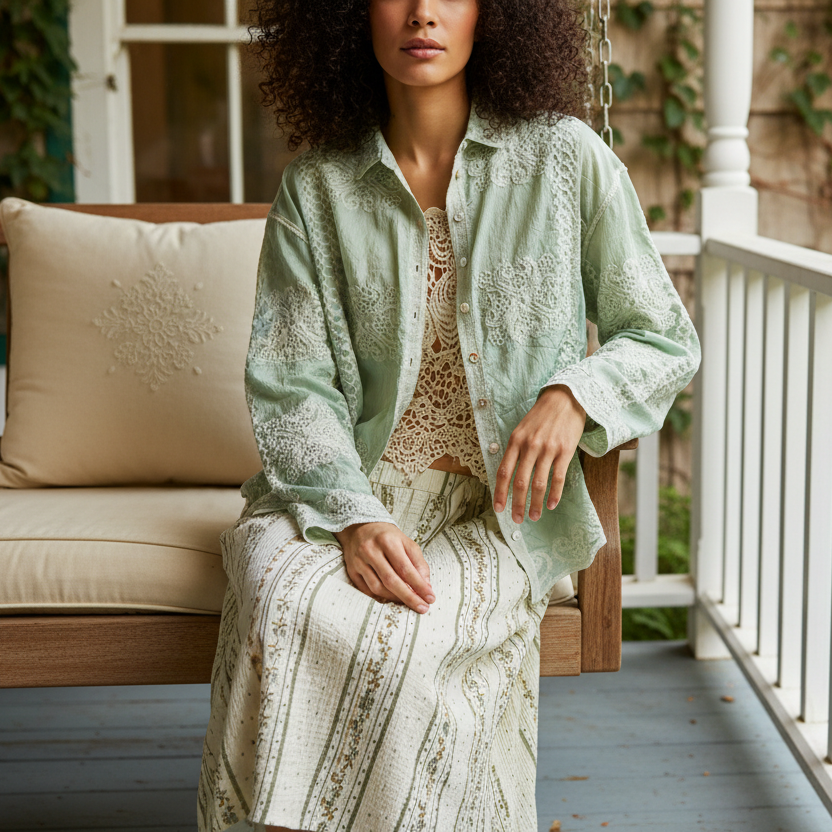 POL Embroidered Floral Collared Shirt Button Down Long Sleeve Top Lightweight Blouse Mint Green