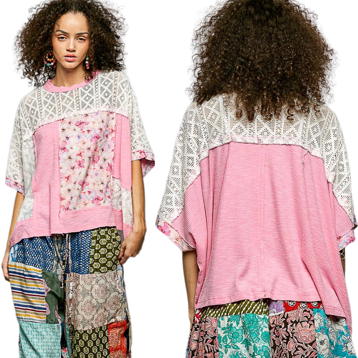POL Floral Patchwork Lace Waffle Knit Top Oversized Blouse Exposed Seam Shirt Candy Pink