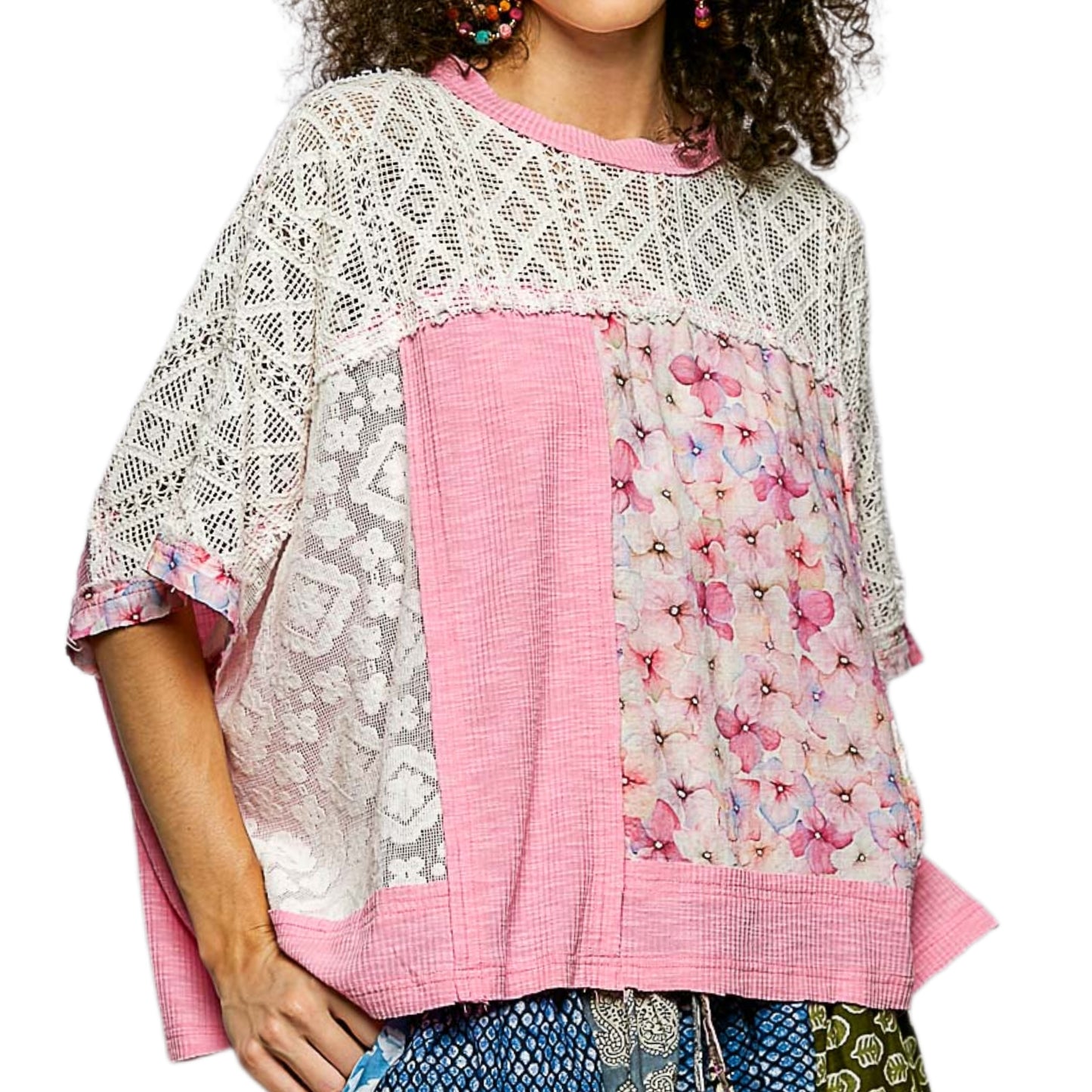 POL Floral Patchwork Lace Waffle Knit Top Oversized Blouse Exposed Seam Shirt Candy Pink