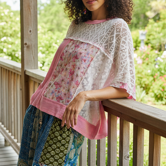 POL Floral Patchwork Lace Waffle Knit Top Oversized Blouse Exposed Seam Shirt Candy Pink