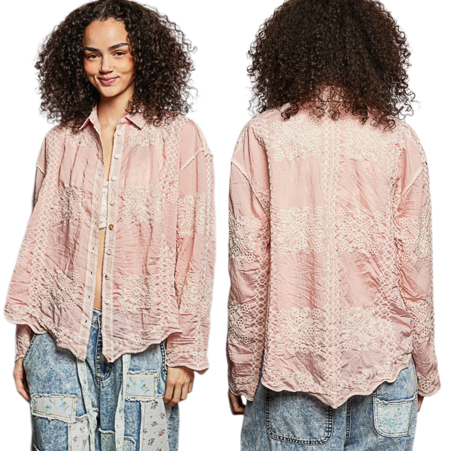 POL Embroidered Floral Collared Shirt Button Down Long Sleeve Lightweight Top Pink