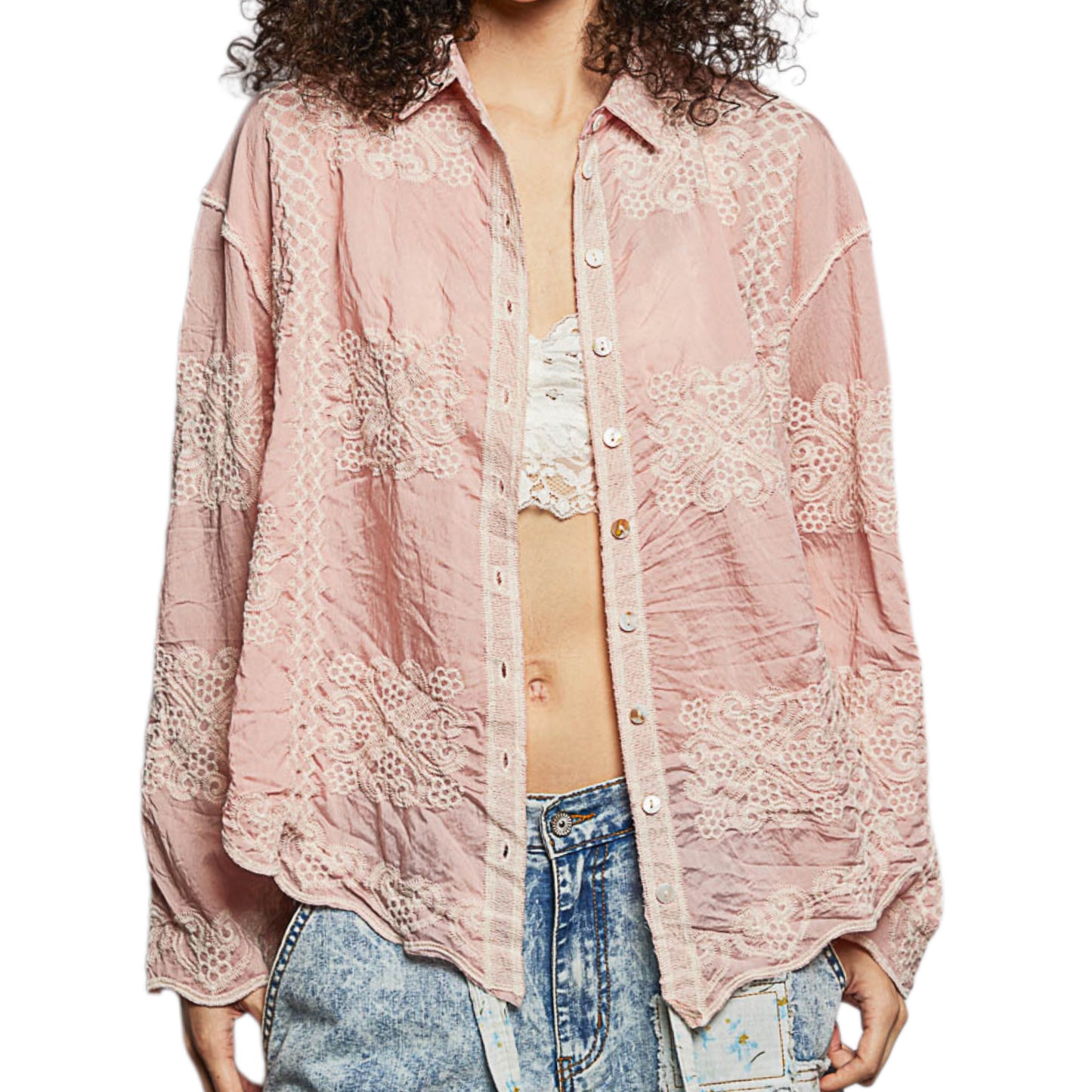 POL Embroidered Floral Collared Shirt Button Down Long Sleeve Lightweight Top Pink