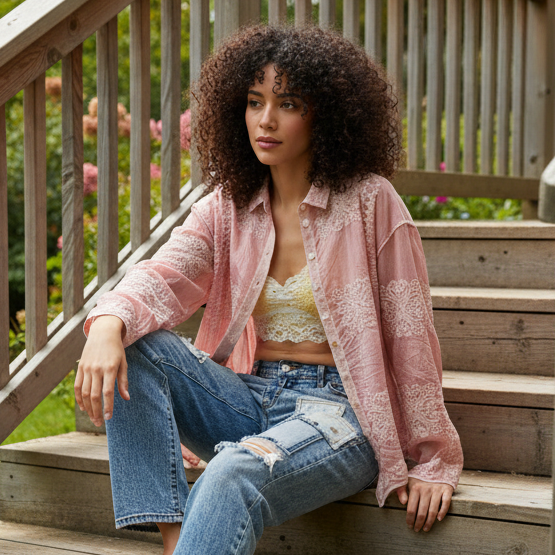 POL Embroidered Floral Collared Shirt Button Down Long Sleeve Lightweight Top Pink