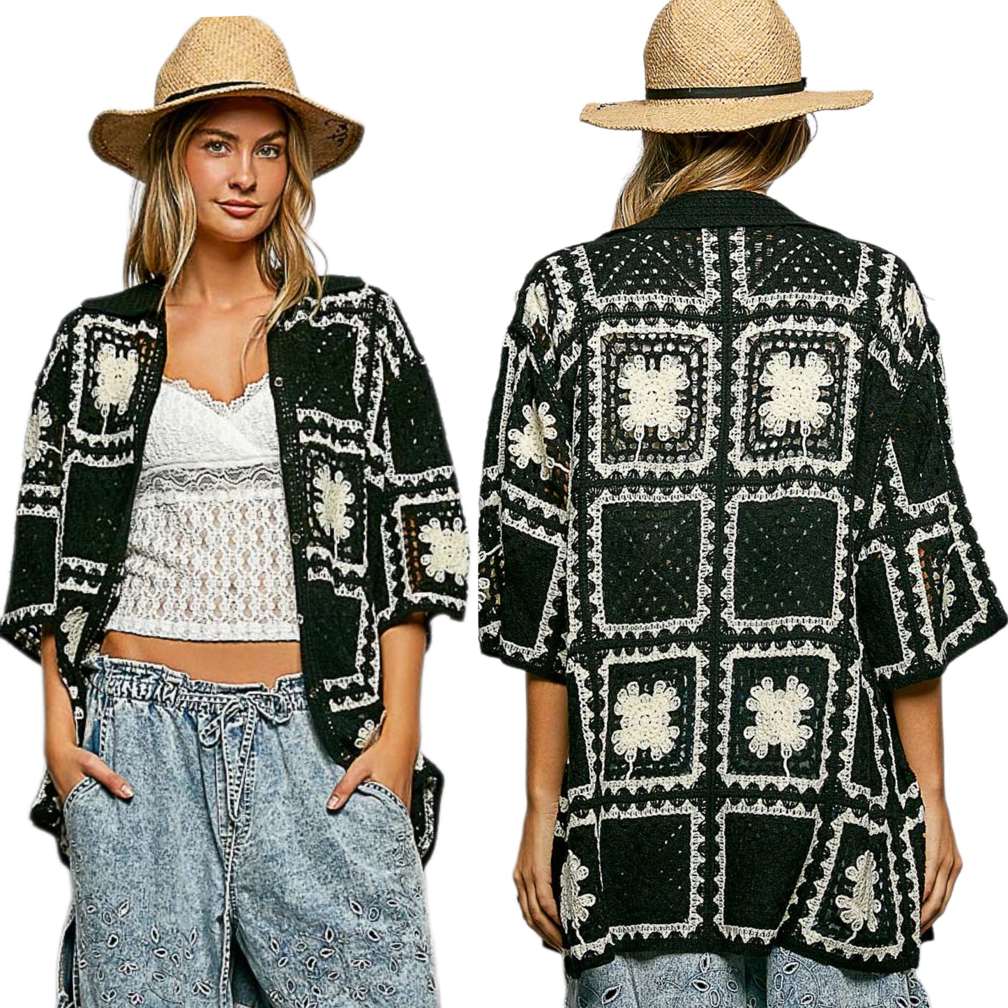 POL Granny Square Retro Openwork Crochet Collar Shirt Button Down Cardigan Top Black