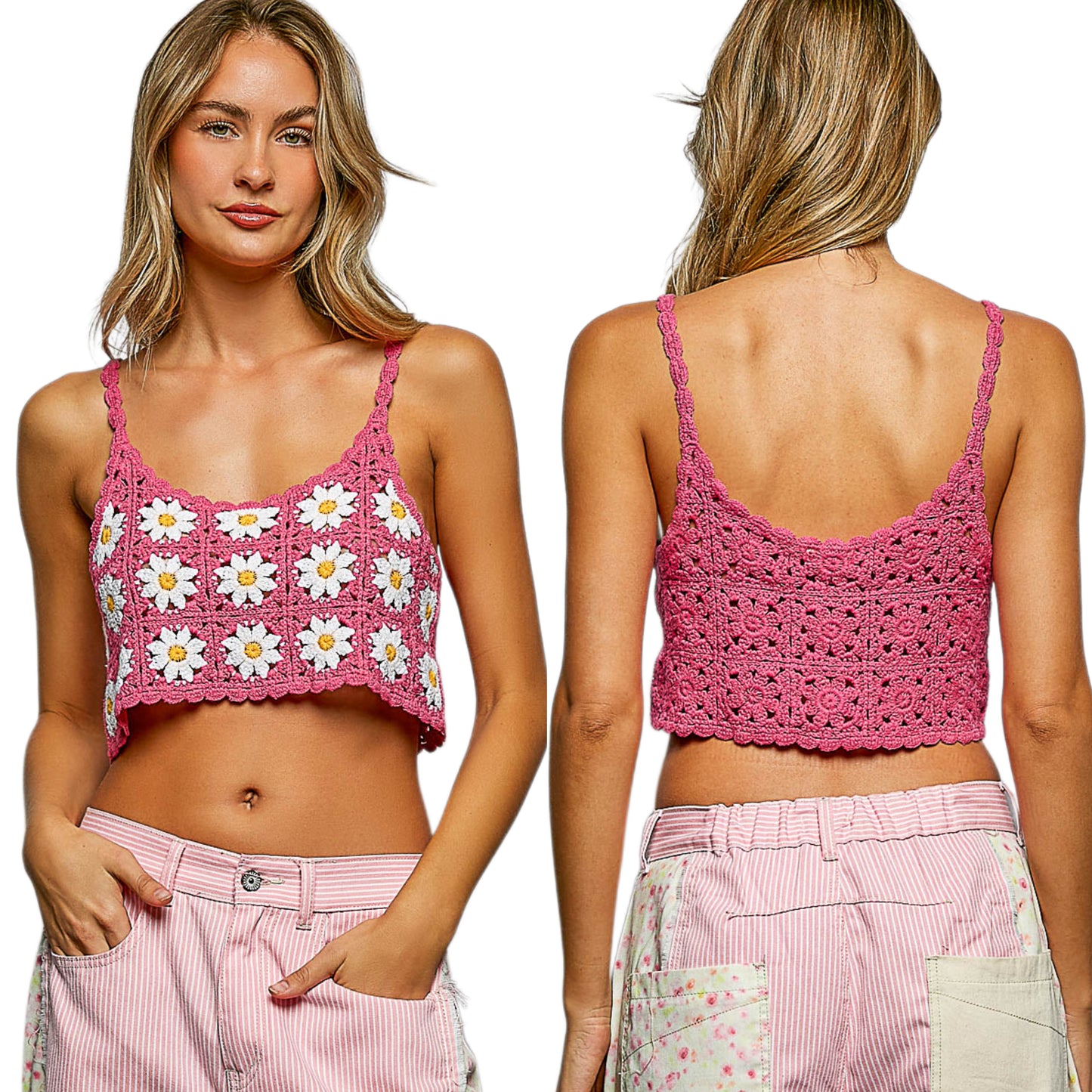 POL Floral Crochet Daisy Embroidered Granny Knit Cami Crop Top Sleeveless Shirt Pink