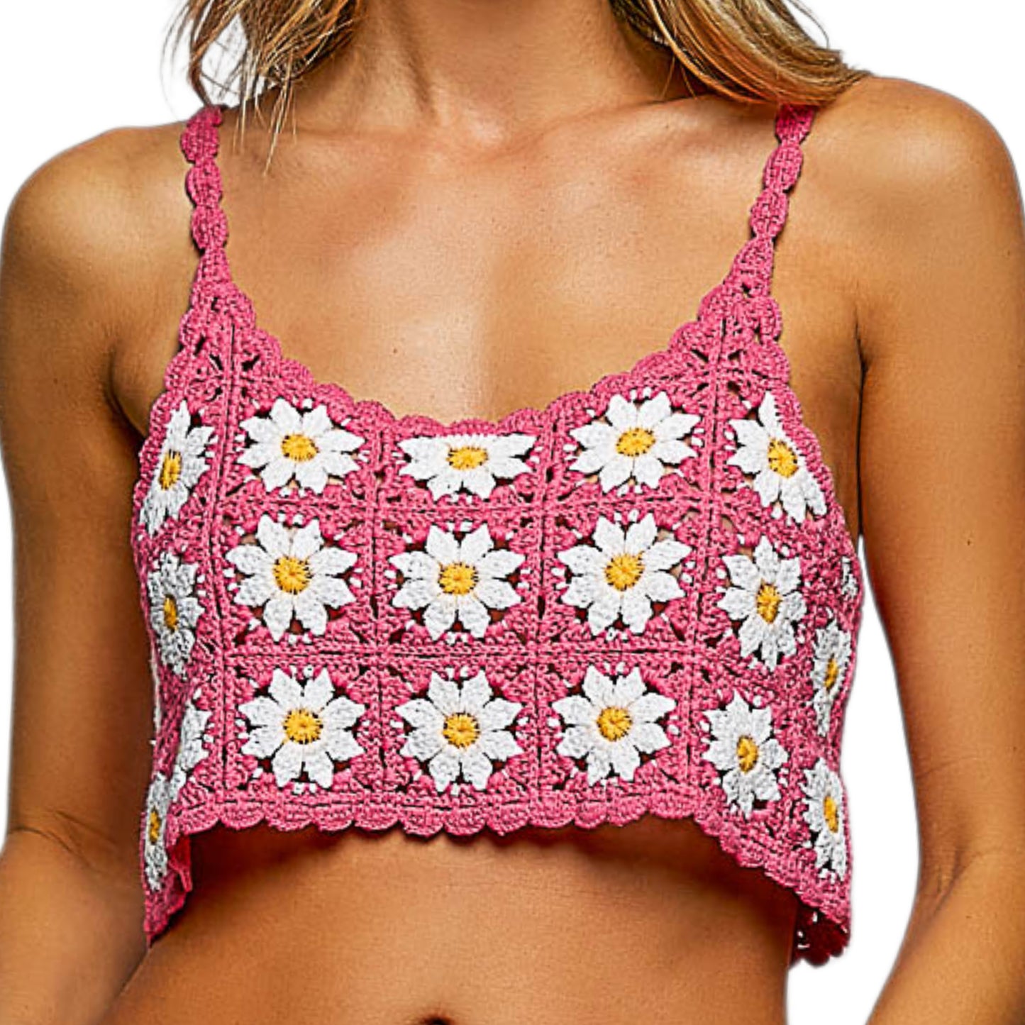 POL Floral Crochet Daisy Embroidered Granny Knit Cami Crop Top Sleeveless Shirt Pink