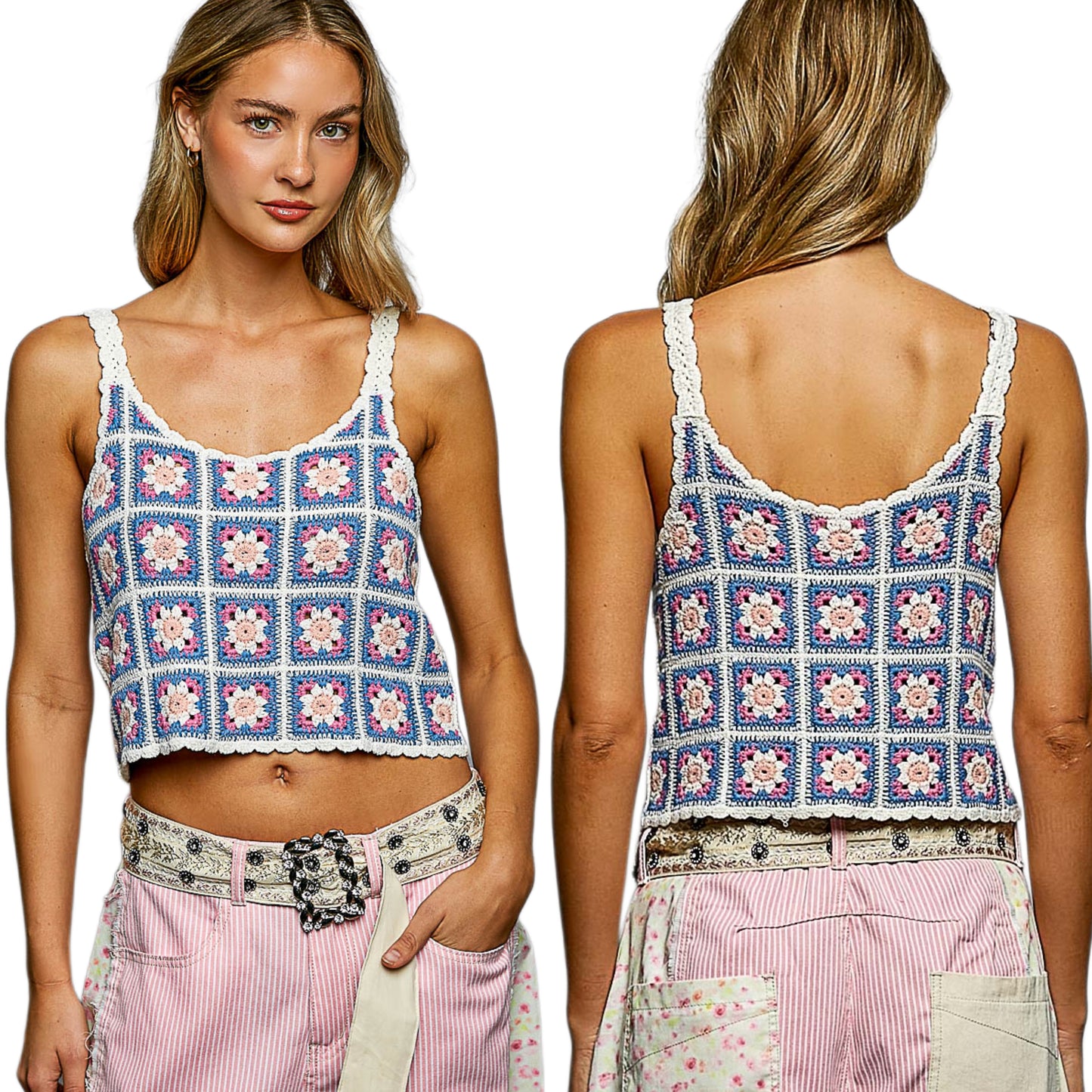 POL Floral Crochet Granny Square Knit Embroidered Cami Crop Top Sleeveless Shirt Blue