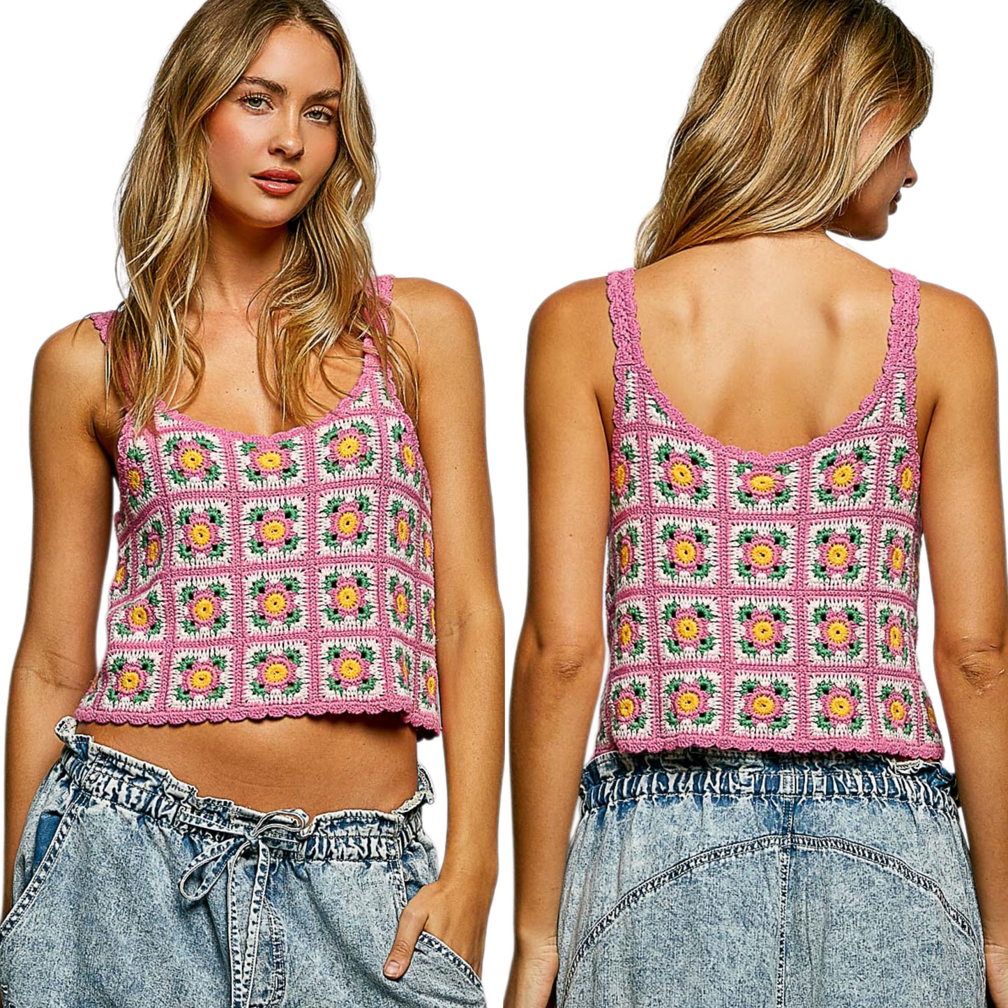 POL Floral Crochet Granny Square Knit Embroidered Cami Crop Top Sleeveless Shirt Pink