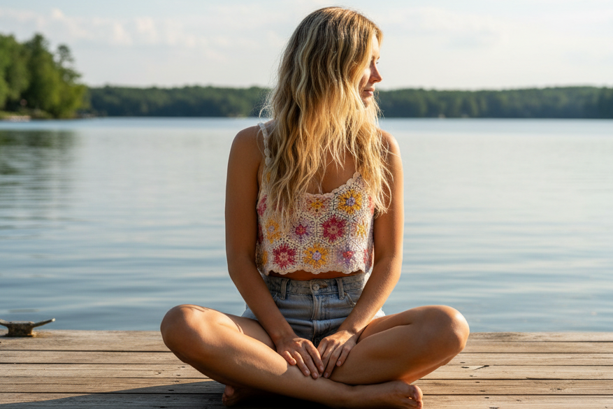 POL Crochet Floral Granny Square Knit Cami Scalloped Crop Top Sleeveless Shirt White Pink