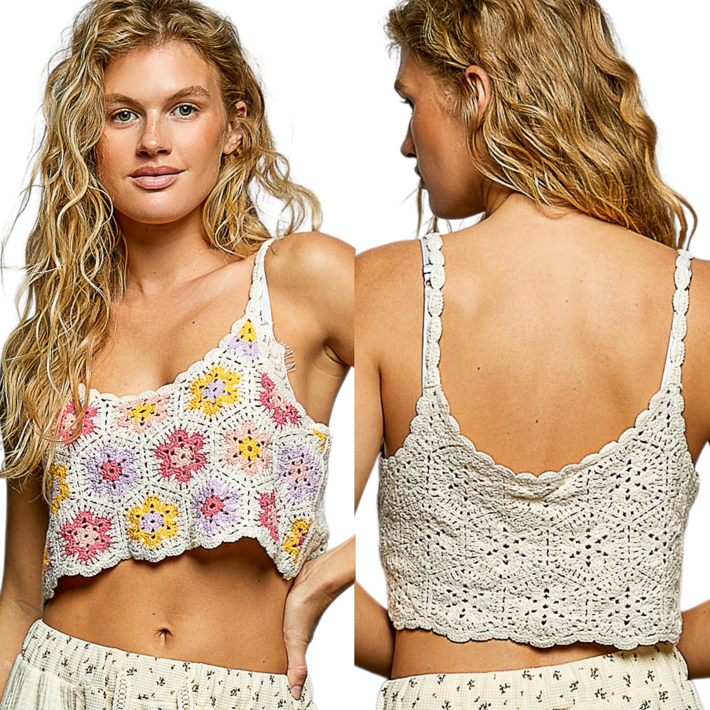 POL Crochet Floral Granny Square Knit Cami Scalloped Crop Top Sleeveless Shirt White Pink