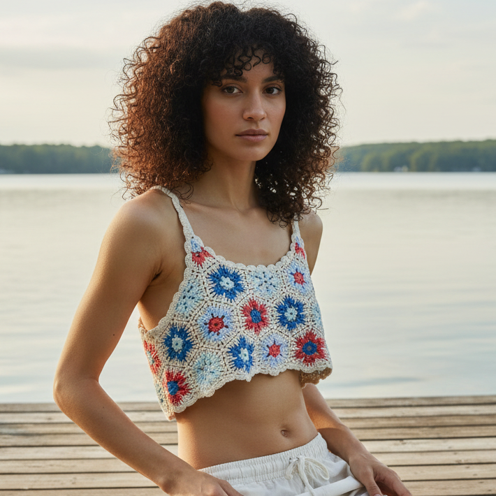 POL Crochet Floral Granny Square Knit Cami Scalloped Crop Top Sleeveless Shirt Blue