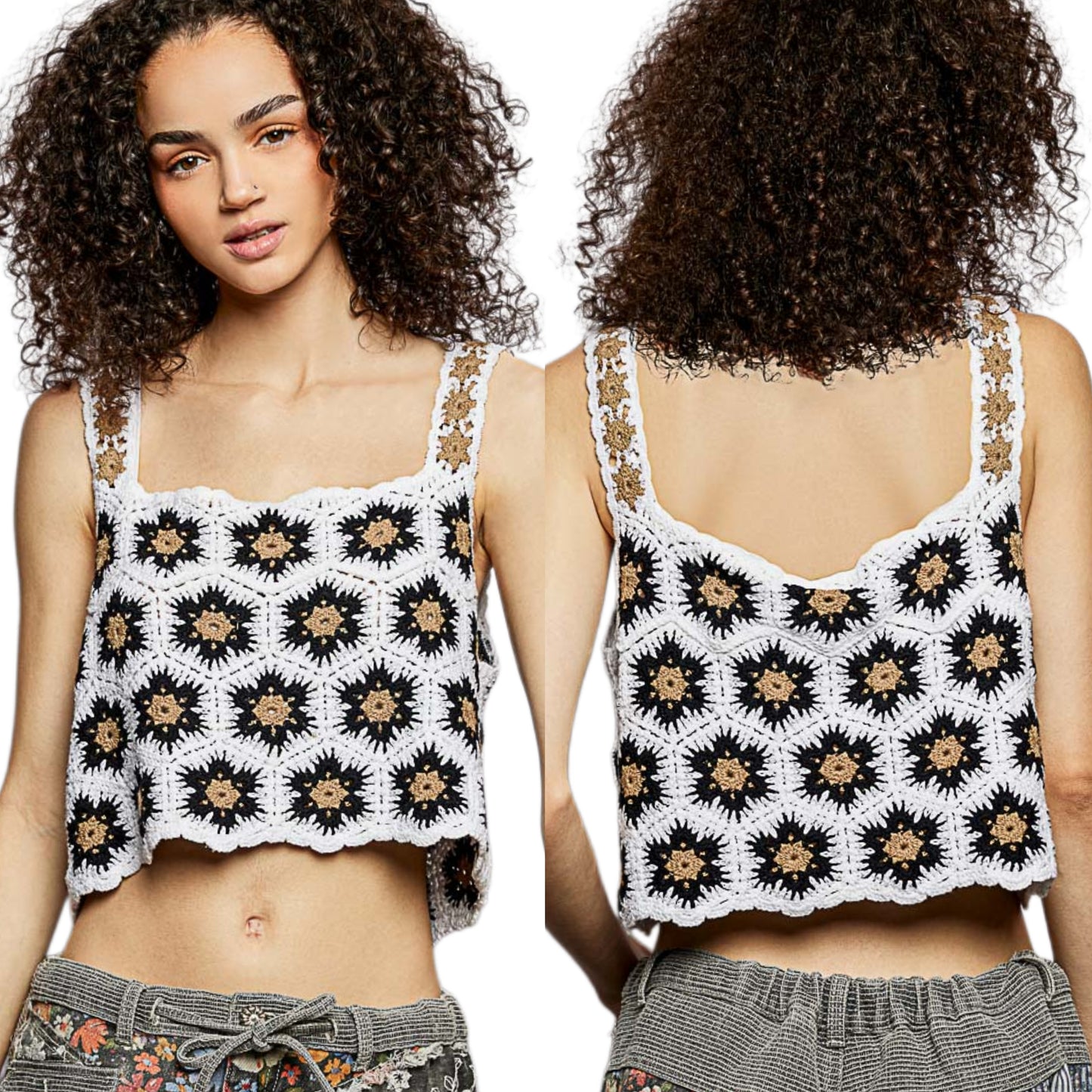 POL Crochet Floral Granny Knit Cami Boxy Scalloped Crop Top Sleeveless Shirt Black